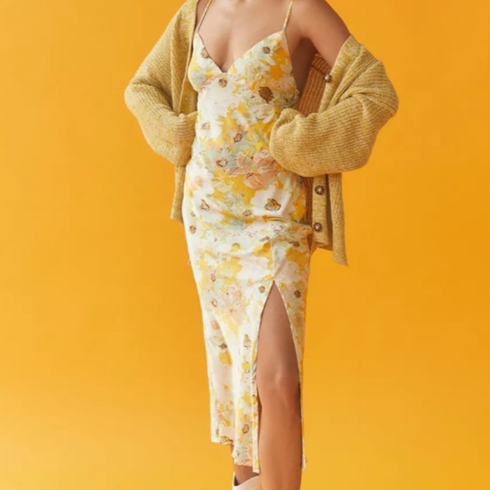 Kiss The Sky Floral Slit Maxi Dress Yellow Size Small
